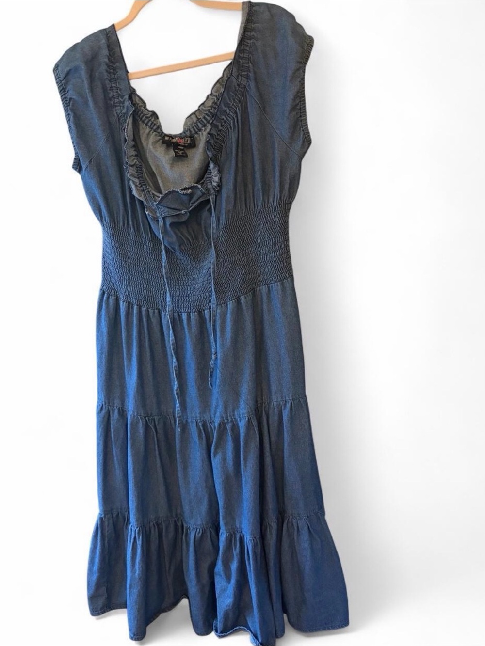 Sleeveless Blue Tiered Maxi Dress with Ruffle Neckline